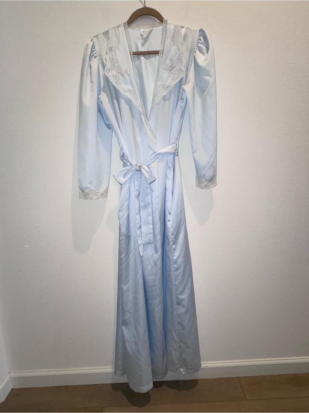 Light Blue Lace-Trim Long Satin Robe - Women Intimates & Sleepwear